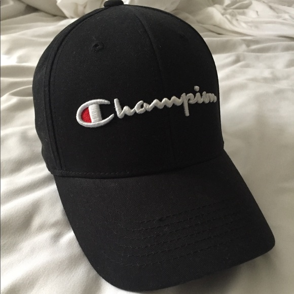CHAMPION MENS BLACK 1 SIZE STRAPBACK FRONT /& BACK LOGO BASEBALL CAP HAT NWT